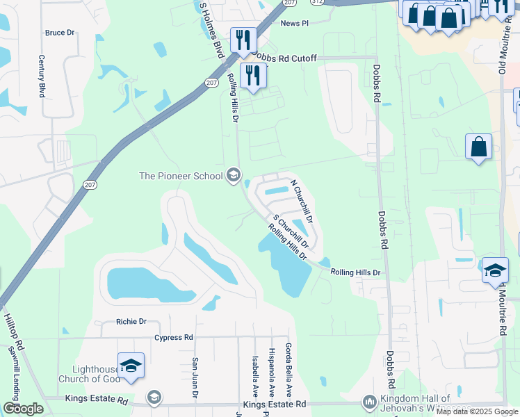 map of restaurants, bars, coffee shops, grocery stores, and more near 113 North Churchill Drive in St. Augustine