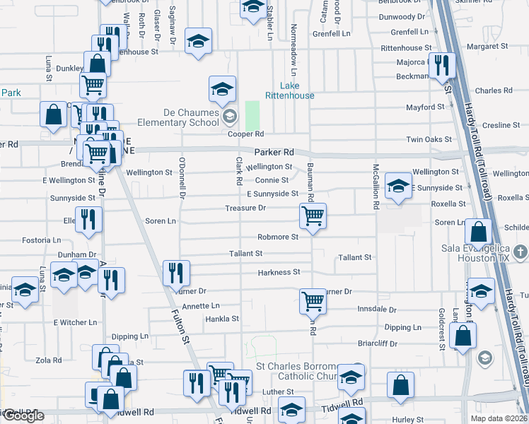 map of restaurants, bars, coffee shops, grocery stores, and more near 234 Treasure Drive in Houston