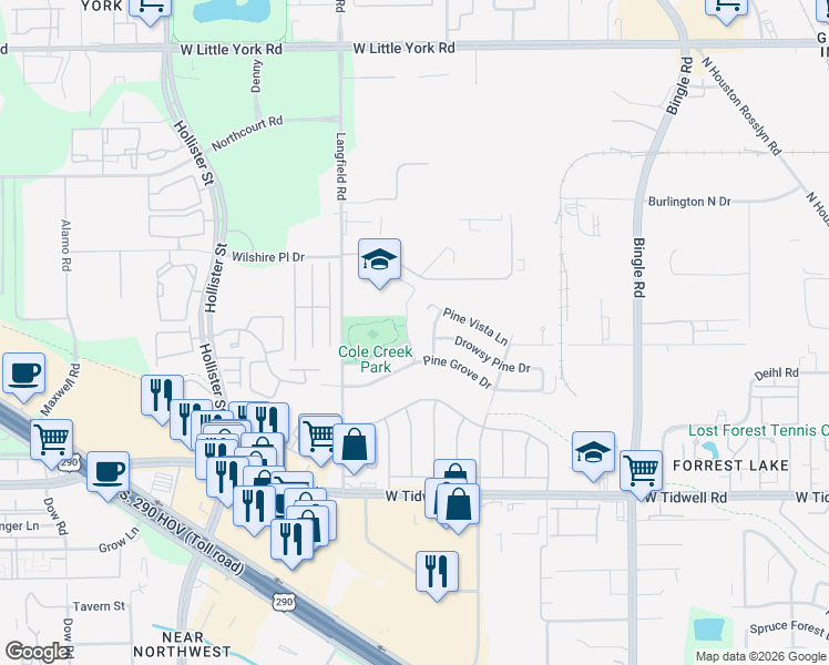 map of restaurants, bars, coffee shops, grocery stores, and more near 6018 Pine Bark Drive in Houston
