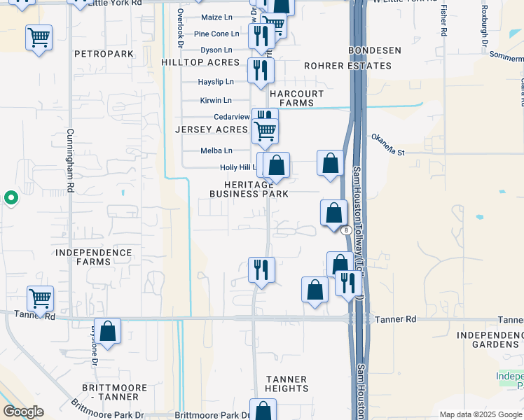 map of restaurants, bars, coffee shops, grocery stores, and more near 6003 Brittmoore Road in Houston
