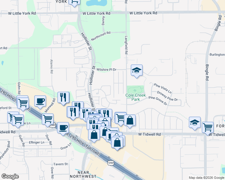 map of restaurants, bars, coffee shops, grocery stores, and more near 6343 Wilshire Ridge in Houston