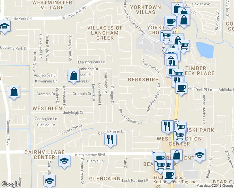 map of restaurants, bars, coffee shops, grocery stores, and more near 16039 Portmanshire Lane in Houston