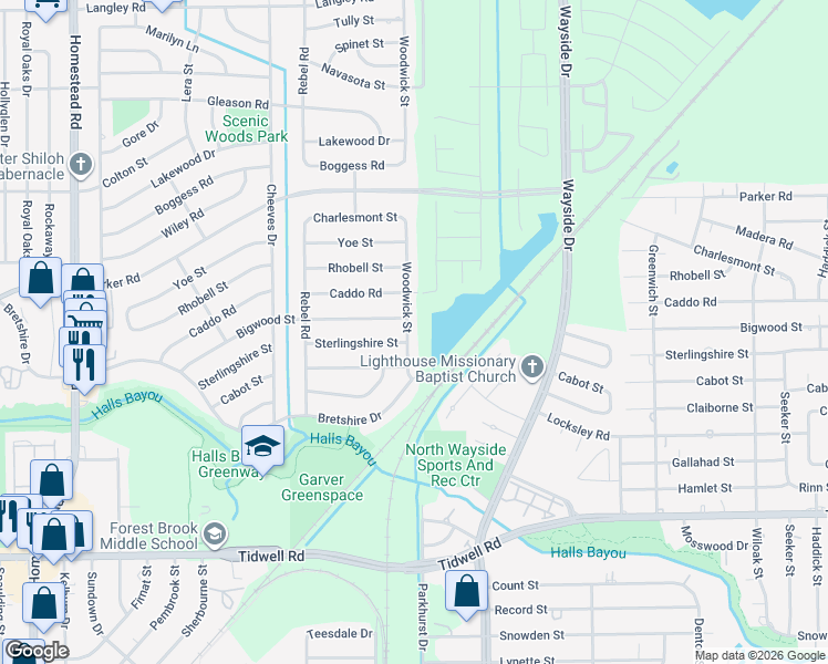map of restaurants, bars, coffee shops, grocery stores, and more near 9934 Woodwick Street in Houston
