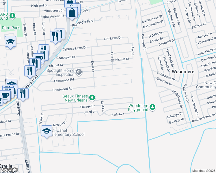map of restaurants, bars, coffee shops, grocery stores, and more near 2616 Crestwood Road in Marrero