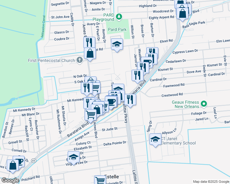 map of restaurants, bars, coffee shops, grocery stores, and more near 3453 Tambour Drive in Marrero