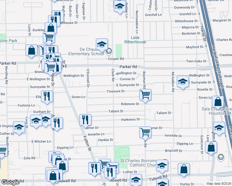 map of restaurants, bars, coffee shops, grocery stores, and more near 210 Treasure Drive in Houston