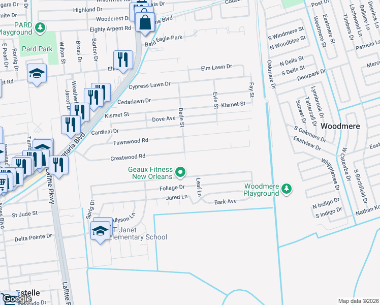map of restaurants, bars, coffee shops, grocery stores, and more near 2600 Crestwood Road in Marrero