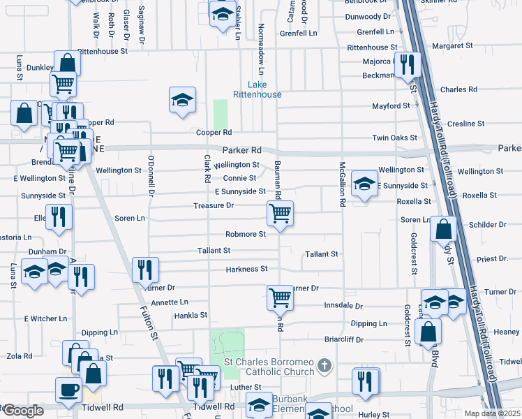 map of restaurants, bars, coffee shops, grocery stores, and more near 262 Treasure Drive in Houston