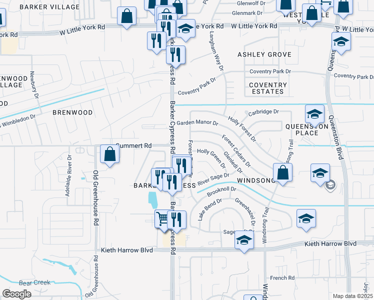map of restaurants, bars, coffee shops, grocery stores, and more near 5603 Forest Trails Drive in Houston