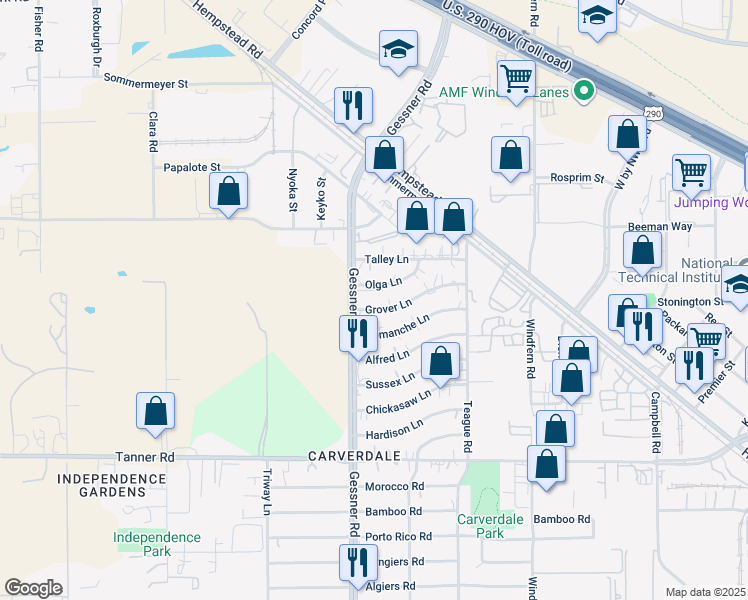 map of restaurants, bars, coffee shops, grocery stores, and more near 10134 Grover Lane in Houston
