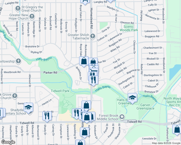 map of restaurants, bars, coffee shops, grocery stores, and more near 10011 Homestead Road in Houston