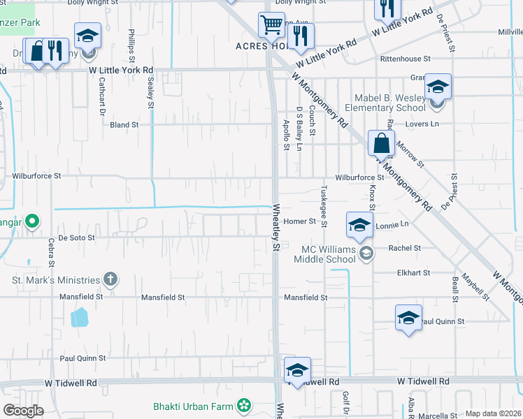 map of restaurants, bars, coffee shops, grocery stores, and more near 1116 Homer Street in Houston