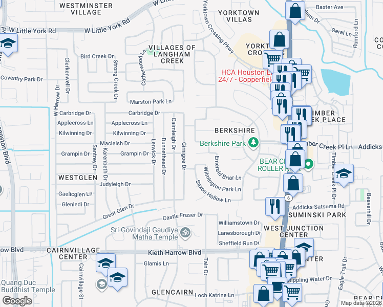 map of restaurants, bars, coffee shops, grocery stores, and more near 16039 Portmanshire Lane in Houston