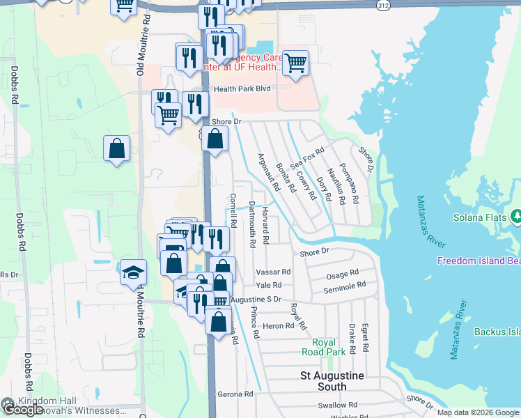 map of restaurants, bars, coffee shops, grocery stores, and more near 116 Harvard Road in St. Augustine