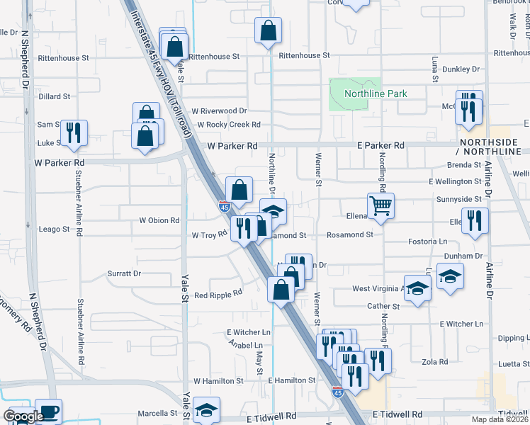 map of restaurants, bars, coffee shops, grocery stores, and more near 126 Obion Road in Houston