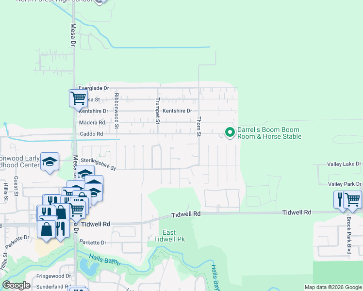 map of restaurants, bars, coffee shops, grocery stores, and more near 9302 Bella Pine Court in Houston