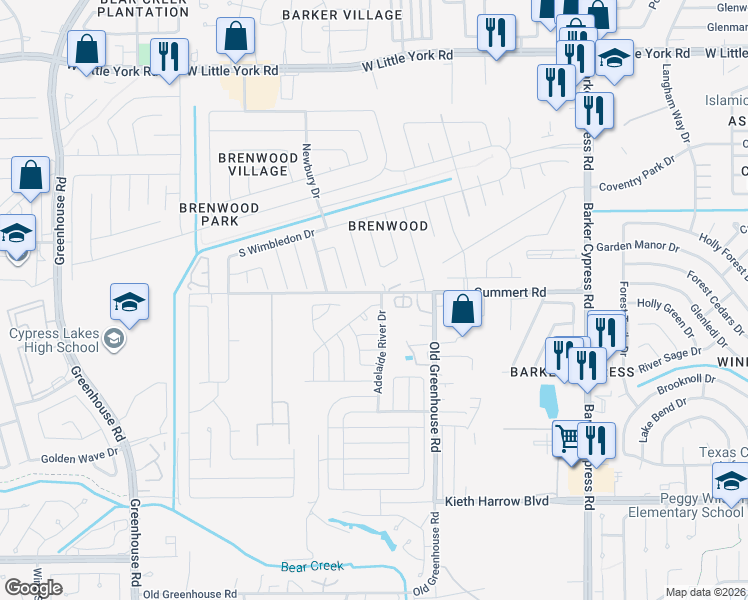 map of restaurants, bars, coffee shops, grocery stores, and more near 18606 Lansdowne Stream Path in Katy