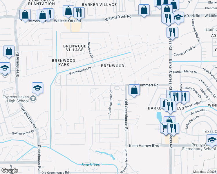 map of restaurants, bars, coffee shops, grocery stores, and more near 18606 Lansdowne Stream Path in Katy