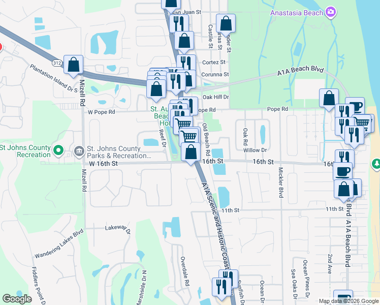 map of restaurants, bars, coffee shops, grocery stores, and more near 2185 Florida A1A in St. Augustine Beach