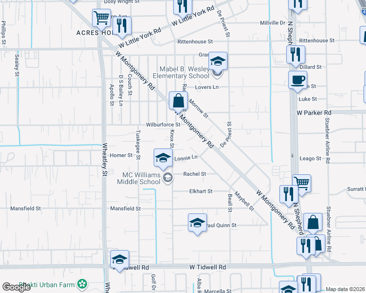 map of restaurants, bars, coffee shops, grocery stores, and more near 6533 Maybell Street in Houston