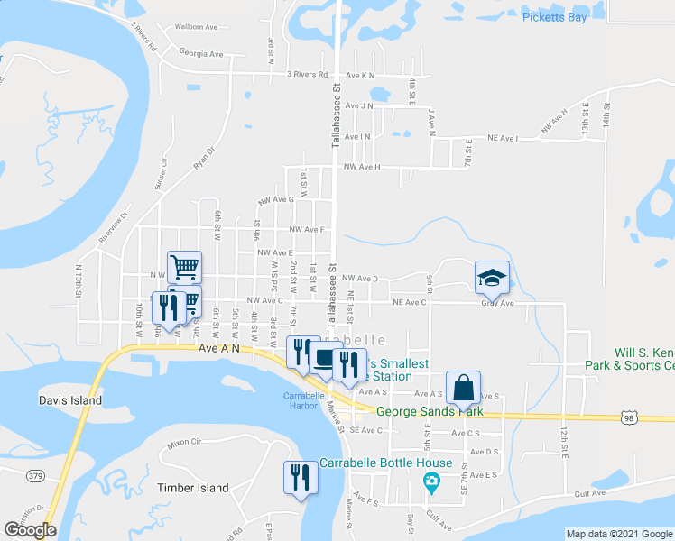 map of restaurants, bars, coffee shops, grocery stores, and more near 502 Tallahassee St in Carrabelle