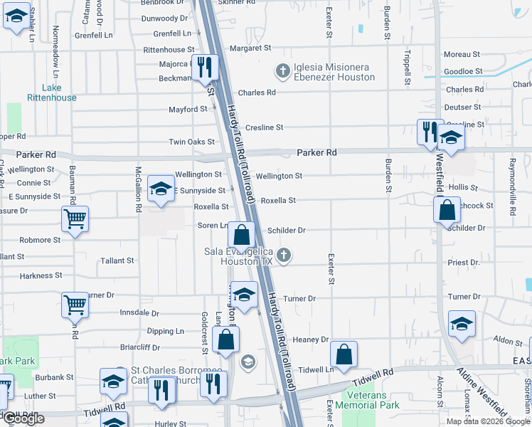 map of restaurants, bars, coffee shops, grocery stores, and more near 9940 East Hardy Road in Houston