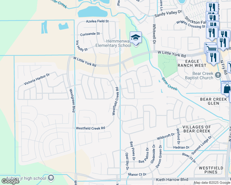map of restaurants, bars, coffee shops, grocery stores, and more near 5418 Matilda Bend Lane in Katy