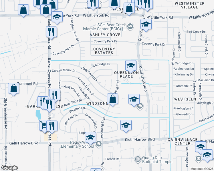 map of restaurants, bars, coffee shops, grocery stores, and more near 5610 Haven Point Drive in Houston