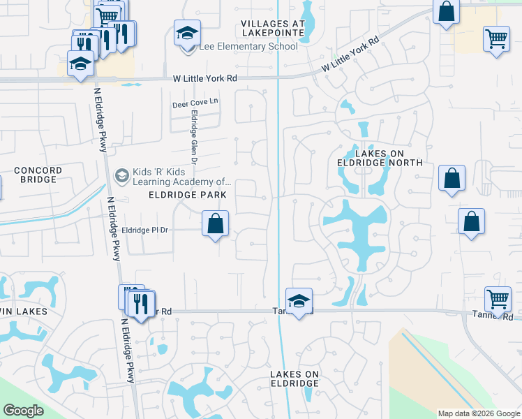 map of restaurants, bars, coffee shops, grocery stores, and more near 12410 Santiago Cove Lane in Houston