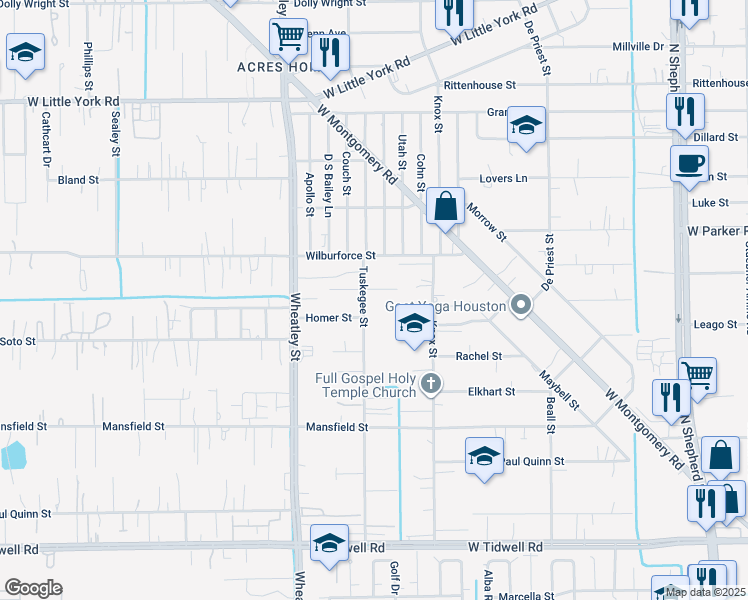 map of restaurants, bars, coffee shops, grocery stores, and more near 6308 Tuskegee Street in Houston