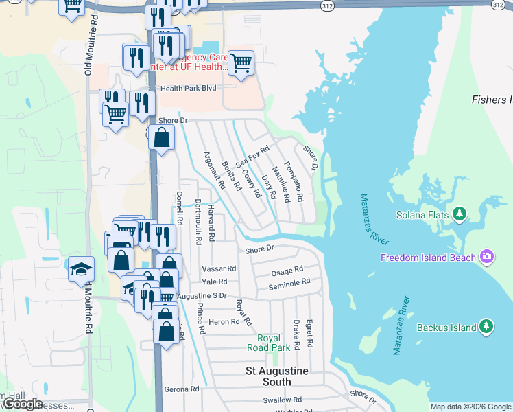 map of restaurants, bars, coffee shops, grocery stores, and more near 245 Bonita Rd in St Augustine