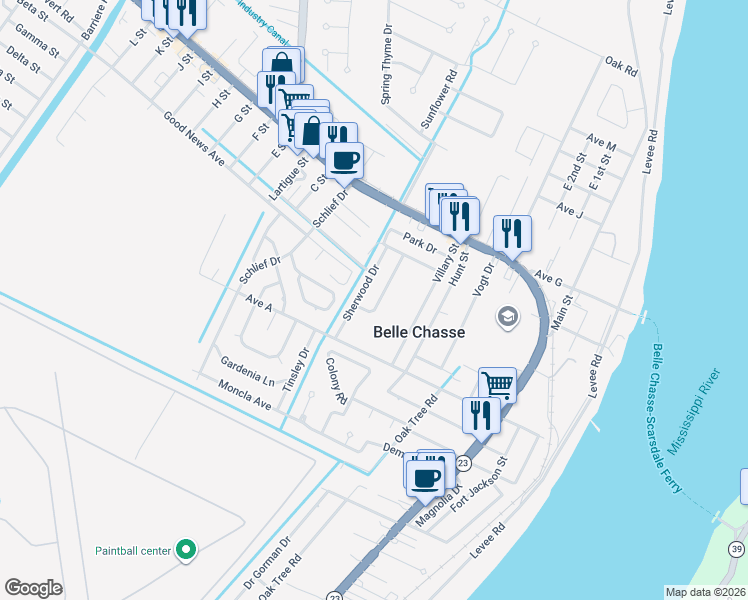 map of restaurants, bars, coffee shops, grocery stores, and more near 107 Brentwood Drive in Belle Chasse