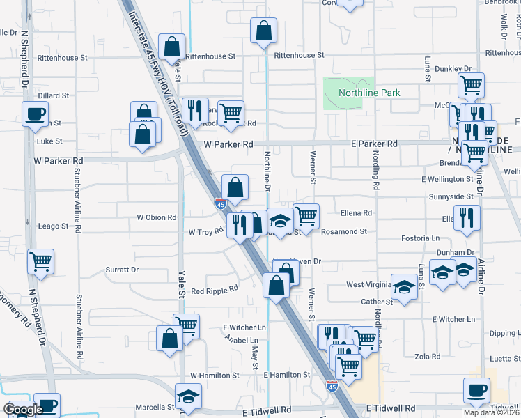 map of restaurants, bars, coffee shops, grocery stores, and more near 126 Obion Road in Houston