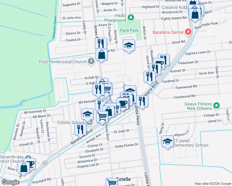 map of restaurants, bars, coffee shops, grocery stores, and more near 2624 Breton Drive in Marrero