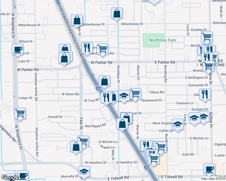 map of restaurants, bars, coffee shops, grocery stores, and more near 126 Obion Road in Houston