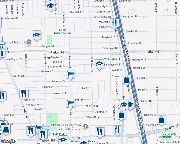 map of restaurants, bars, coffee shops, grocery stores, and more near 617 Soren Lane in Houston