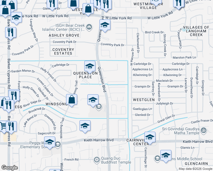 map of restaurants, bars, coffee shops, grocery stores, and more near 5623 Brookhollow Oaks Trail in Houston