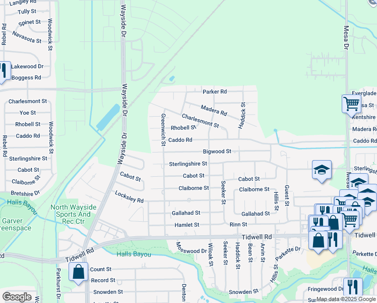 map of restaurants, bars, coffee shops, grocery stores, and more near 8221 Bigwood Street in Houston