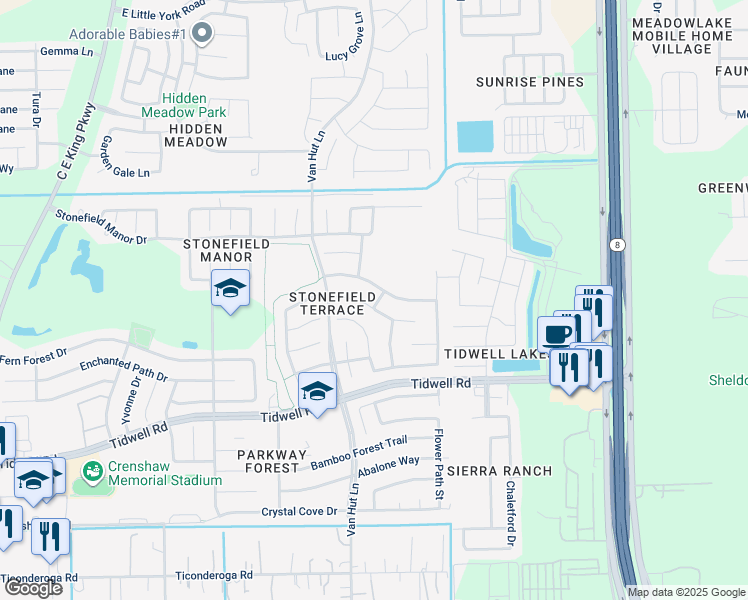 map of restaurants, bars, coffee shops, grocery stores, and more near 13043 Sandhill Park Lane in Houston