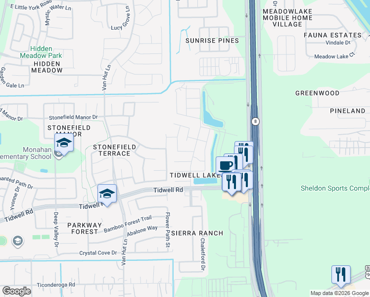 map of restaurants, bars, coffee shops, grocery stores, and more near 13223 Versace Drive in Houston