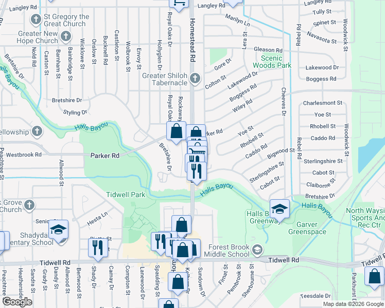 map of restaurants, bars, coffee shops, grocery stores, and more near 10011 Homestead Road in Houston