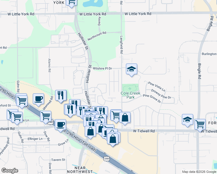 map of restaurants, bars, coffee shops, grocery stores, and more near 6343 Wilshire Ridge in Houston