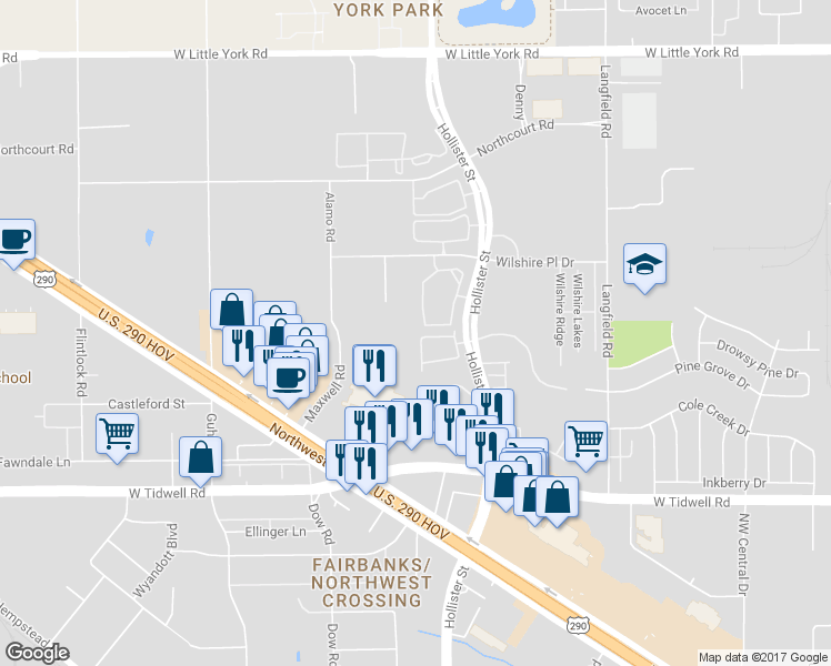 map of restaurants, bars, coffee shops, grocery stores, and more near 7630 North Linpar Court in Houston