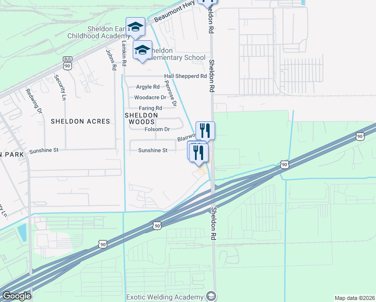 map of restaurants, bars, coffee shops, grocery stores, and more near 17222 Sunshine Street in Houston