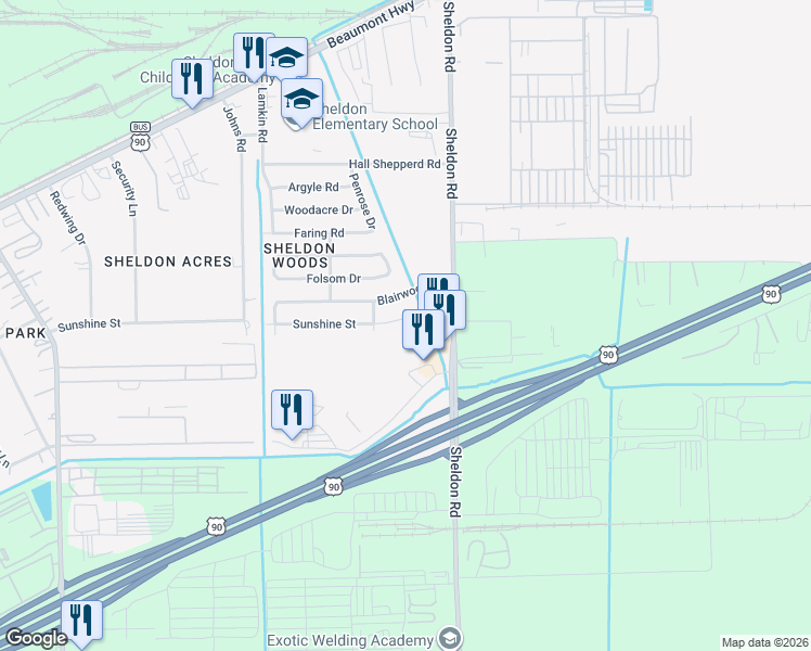 map of restaurants, bars, coffee shops, grocery stores, and more near 17222 Sunshine Street in Houston