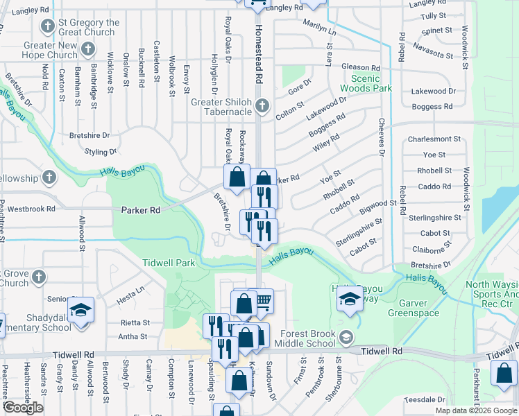 map of restaurants, bars, coffee shops, grocery stores, and more near 10011 Homestead Road in Houston
