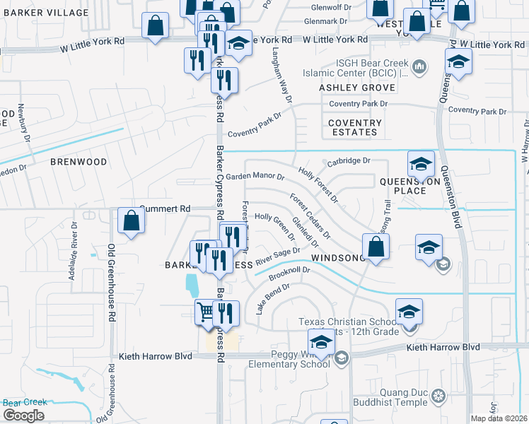 map of restaurants, bars, coffee shops, grocery stores, and more near 18162 Holly Green Drive in Houston