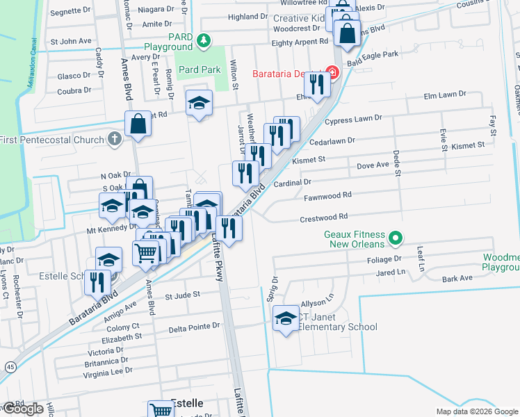 map of restaurants, bars, coffee shops, grocery stores, and more near 2509 Fawnwood Road in Marrero