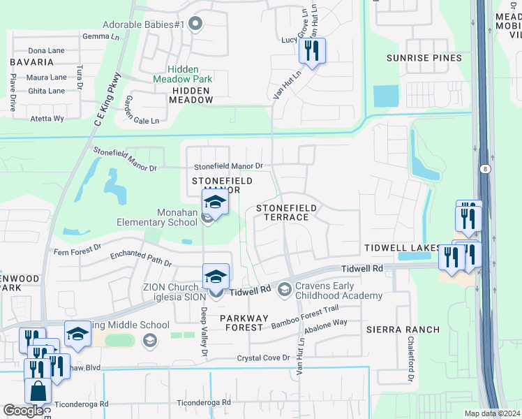 map of restaurants, bars, coffee shops, grocery stores, and more near 12915 Harvest Run Lane in Houston