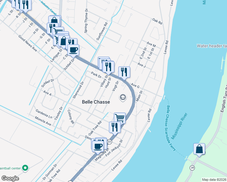map of restaurants, bars, coffee shops, grocery stores, and more near 113 Vogt Drive in Belle Chasse